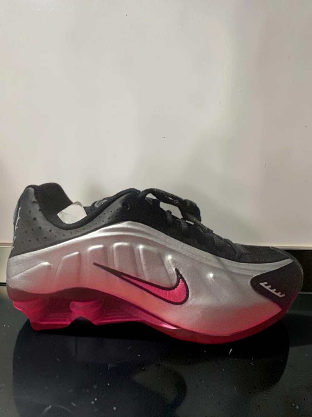 Nike Pink and White Shox R4 (GS) Label
